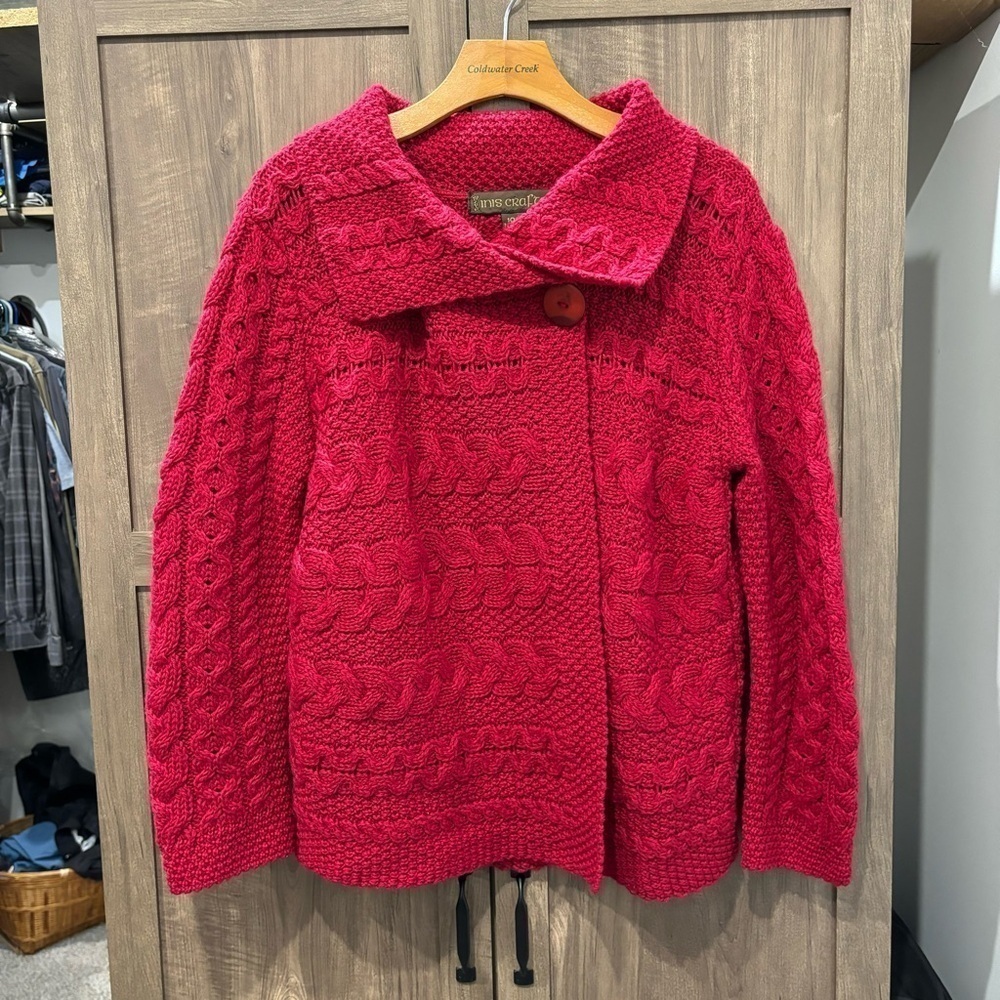 Inis Craft Large Cardigan Merino Wool Sweater‎ fisherman Cable Knit Red